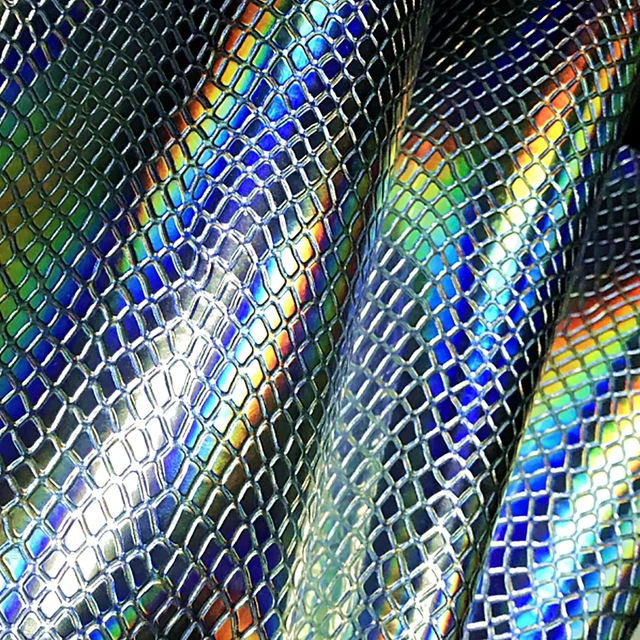 Faux Leatherette Rainbow Embossed Snake Pattern PU Holographic Leather Vinyl