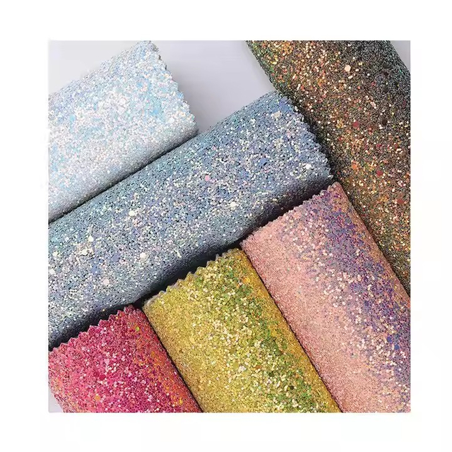 New Design Customized Sparkly Chunky Mesh Synthetic Glitter Faux Leather Fabric Sheets for Shoes Bags