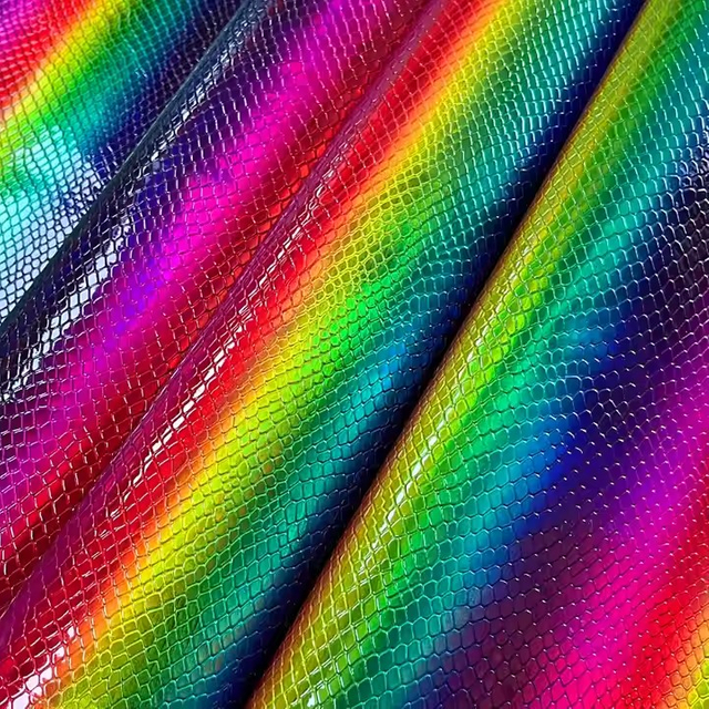 Faux Leatherette Rainbow Embossed Snake Pattern PU Holographic Leather Vinyl