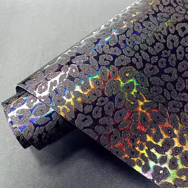 customized Holographic Pu Leather Leopard Print Fabric for Handbags Making